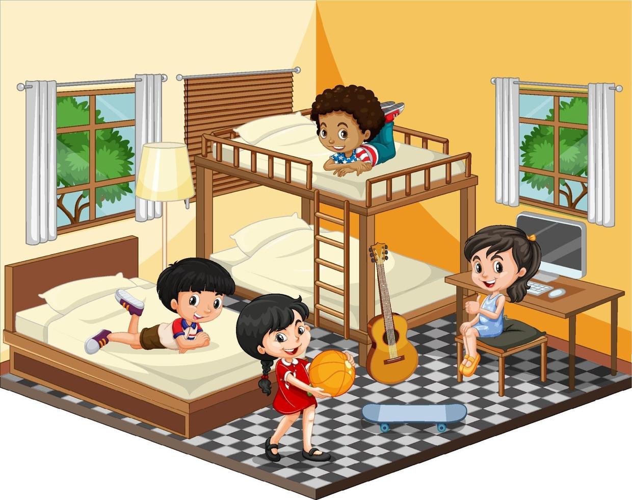 Kids in the bedroom in yellow theme scene on white background vector