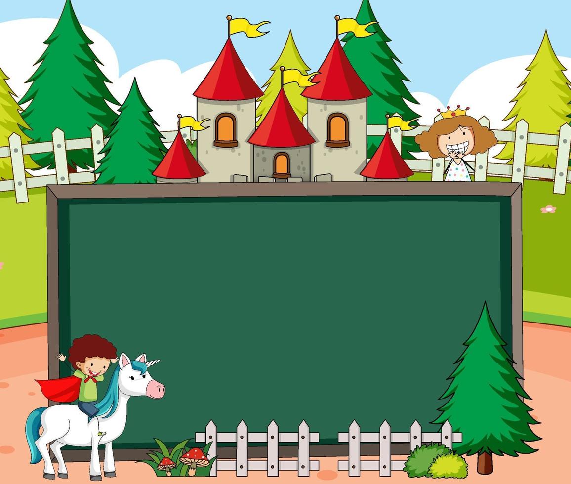 Empty chalkboard banner in the forest scene with fairy tale cartoon character and elements vector