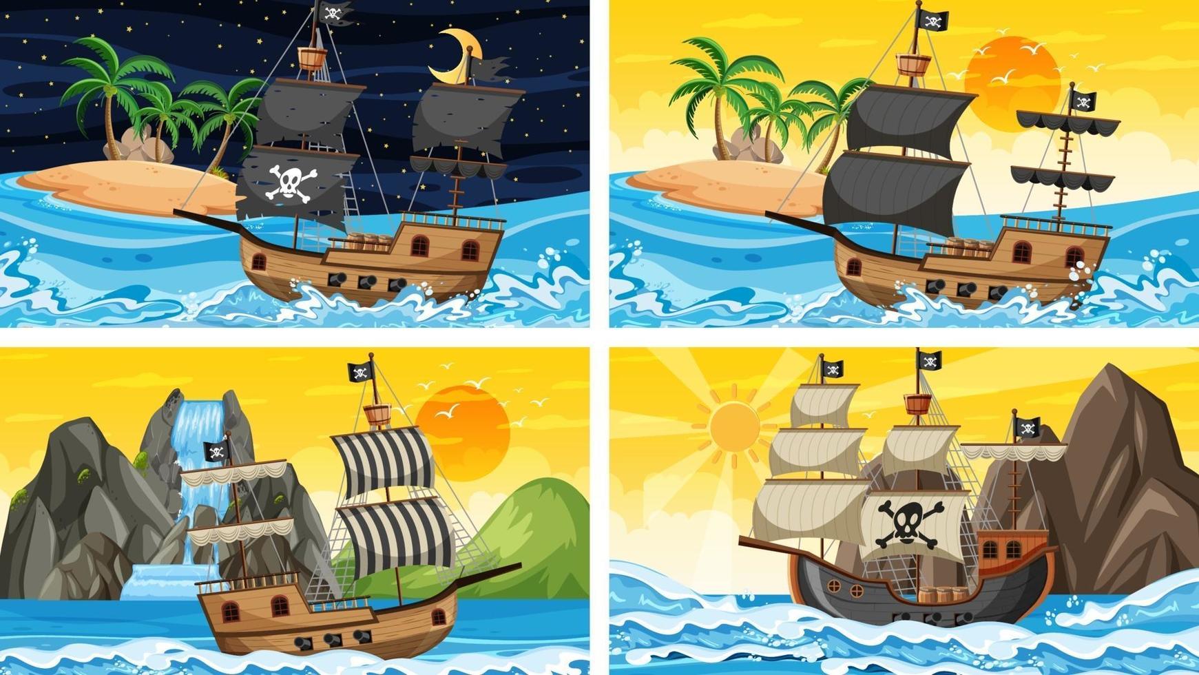 Conjunto de diferentes escenas de playa con barco pirata. vector