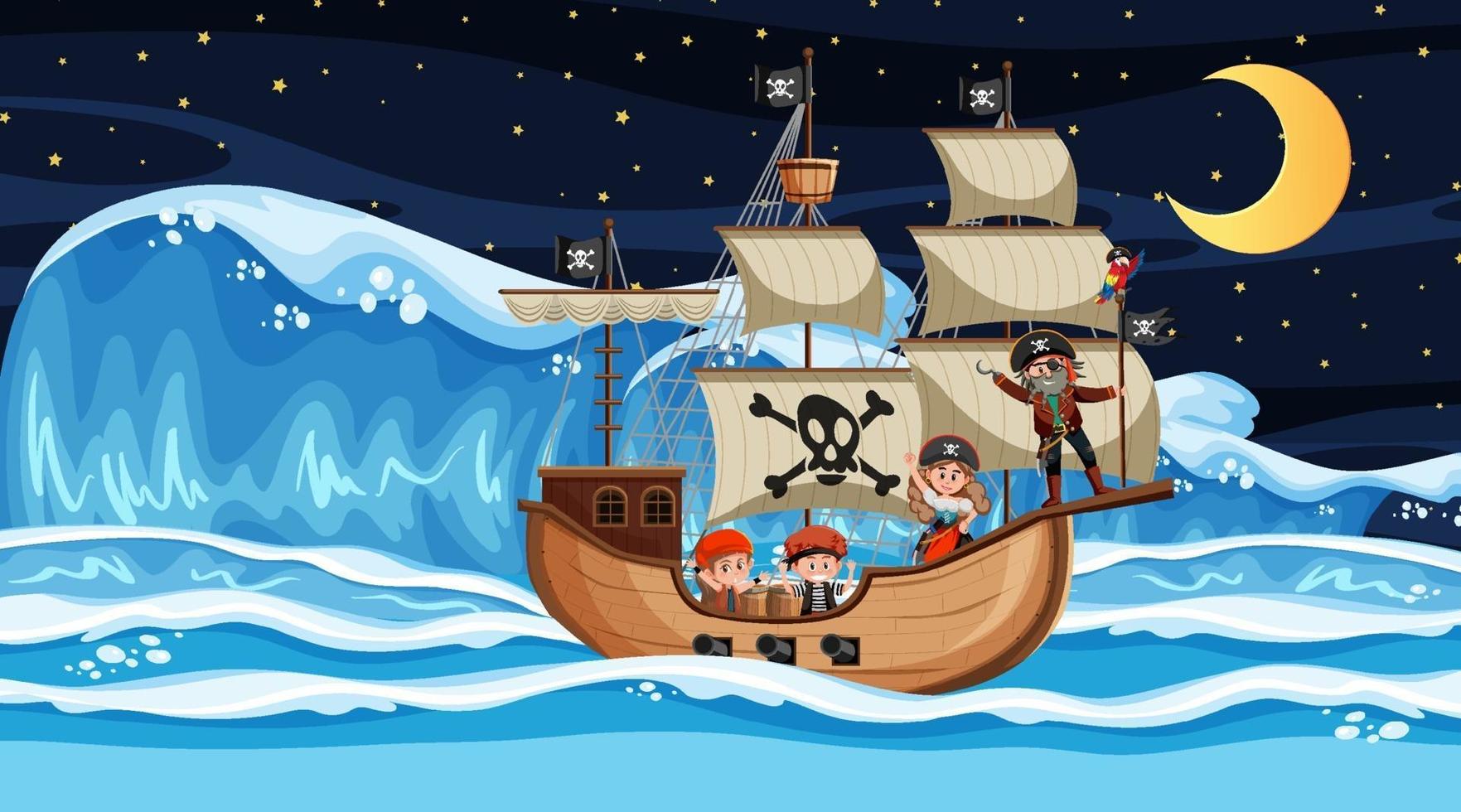 Ocean with Pirate ship at night scene in cartoon style vector