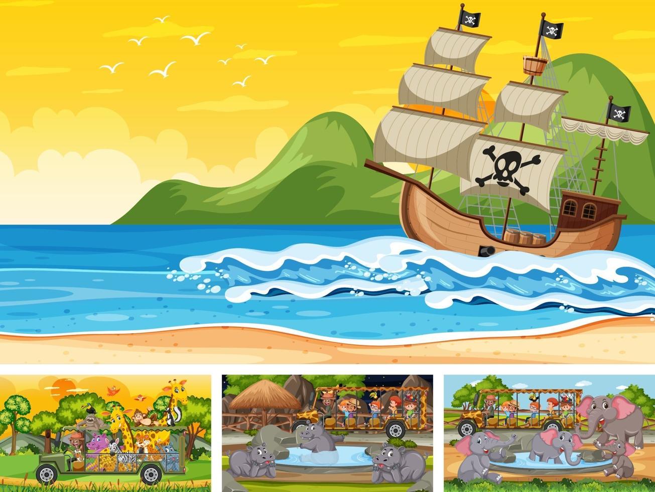 Conjunto de diferentes escenas con barco pirata en el mar y animales en el zoológico. vector