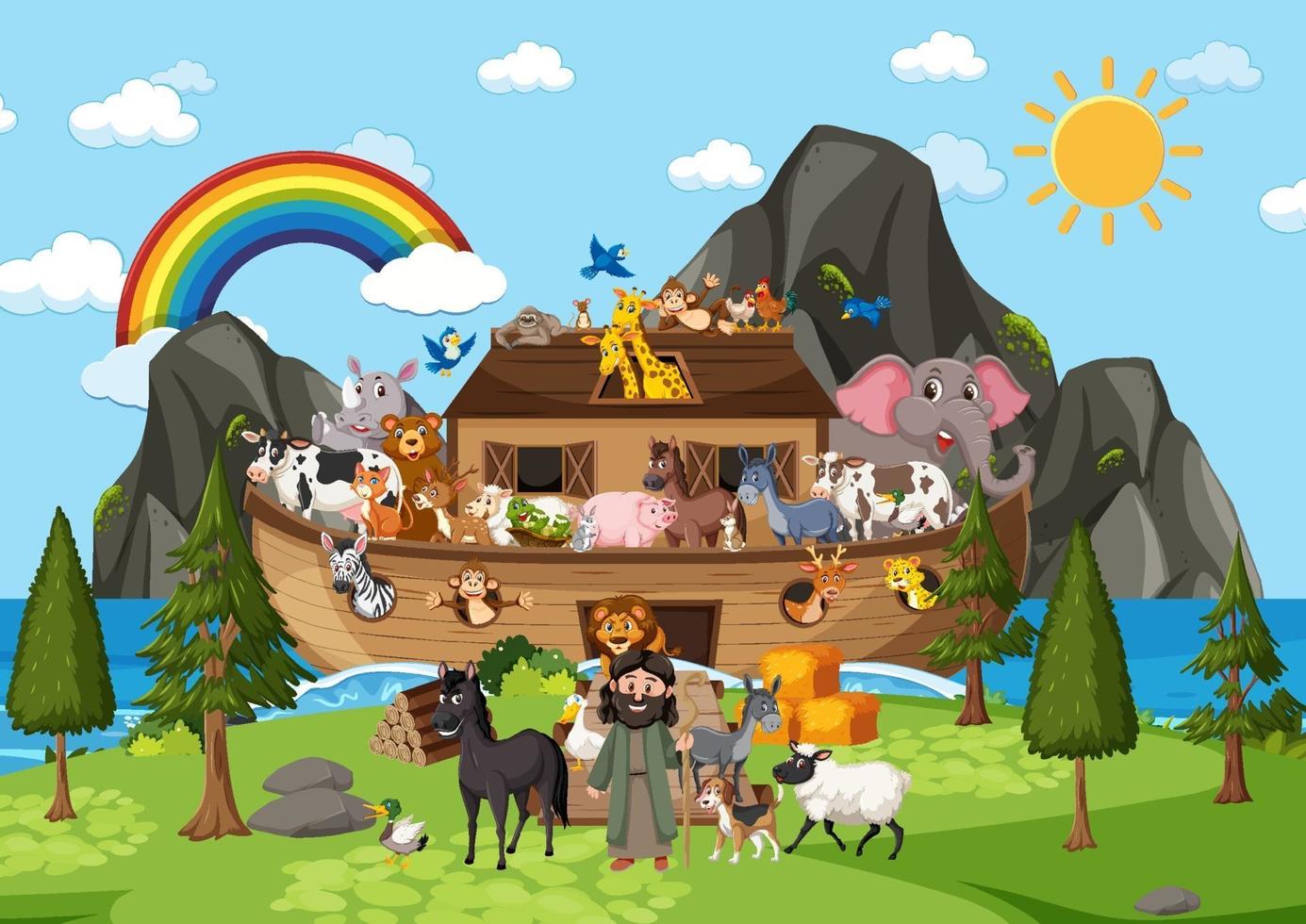 Outdoor nature scene with Noah Ark with Animals vector