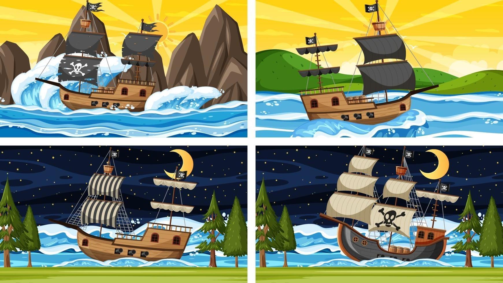 Set of ocean scenes at different times with Pirate ship in cartoon style vector