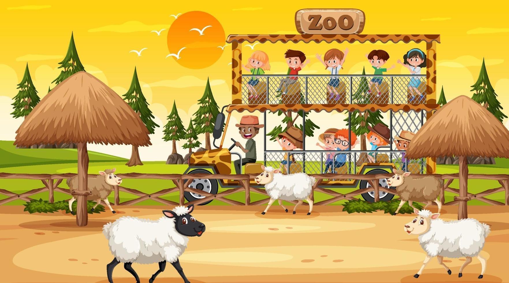 Safari en la escena del atardecer con muchos niños viendo el grupo de ovejas vector