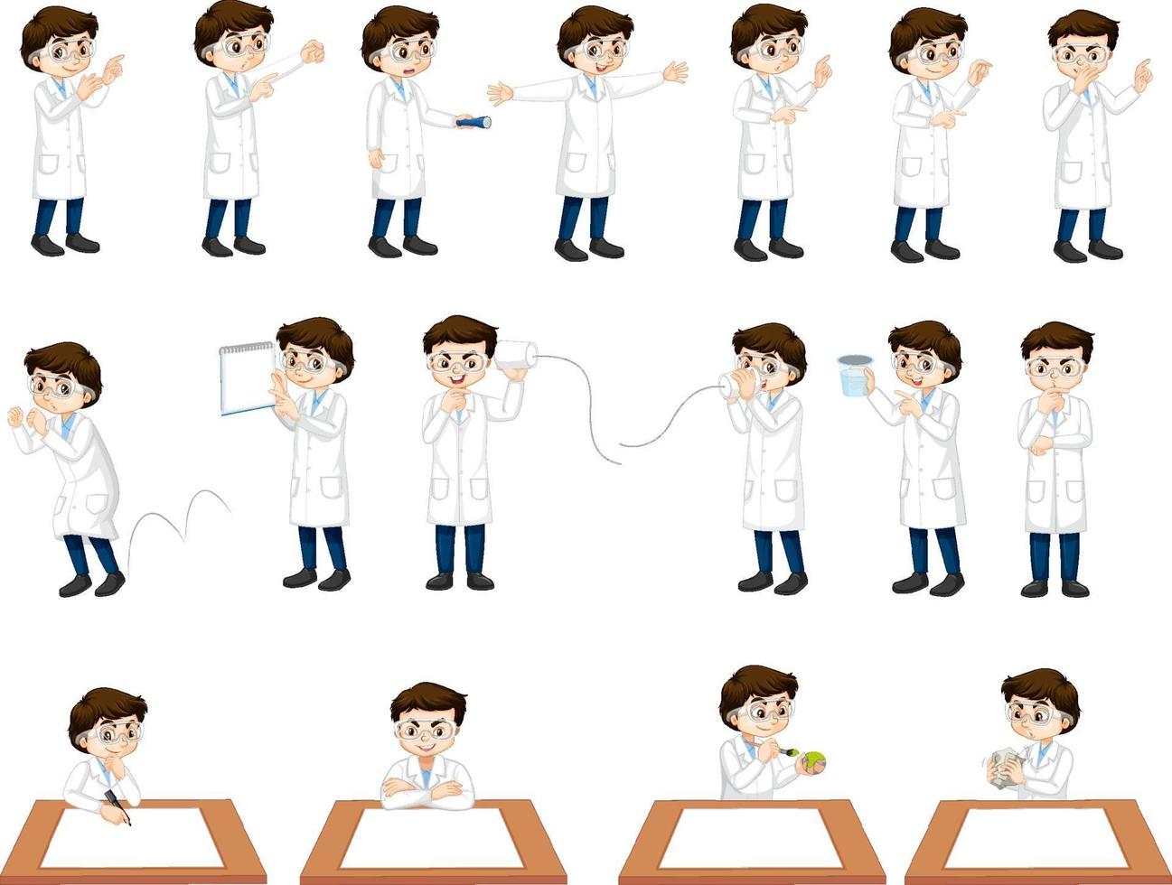 Set of a scientist boy in different poses cartoon character vector