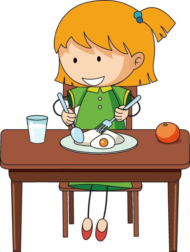 una niña desayunando doodle personaje de dibujos animados aislado vector