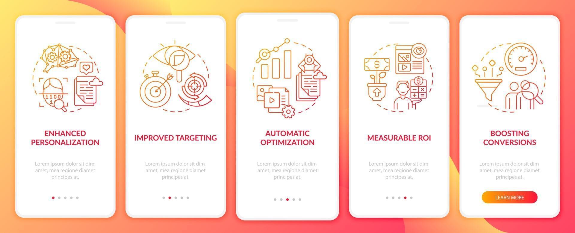 Smart content benefits red onboarding mobile app page screen with concepts vector