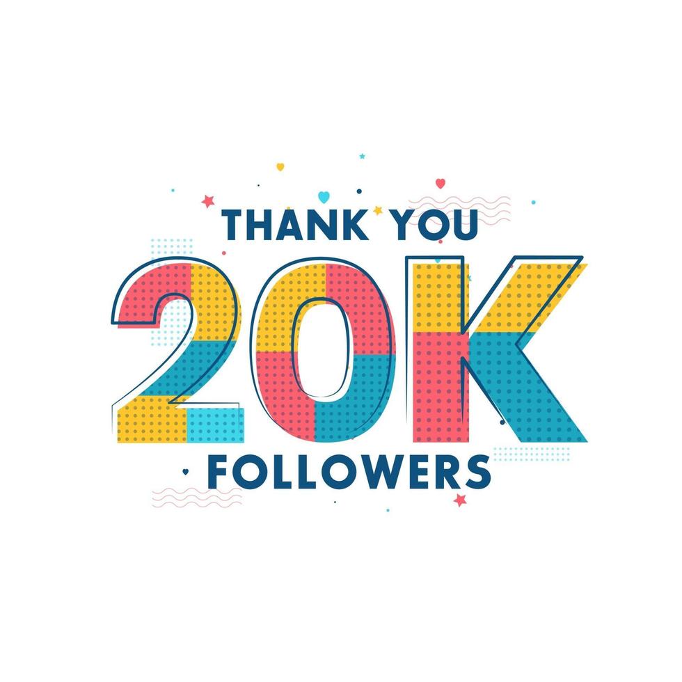 Gracias celebración de 20k seguidores, tarjeta de felicitación para 20000 seguidores en redes sociales. vector