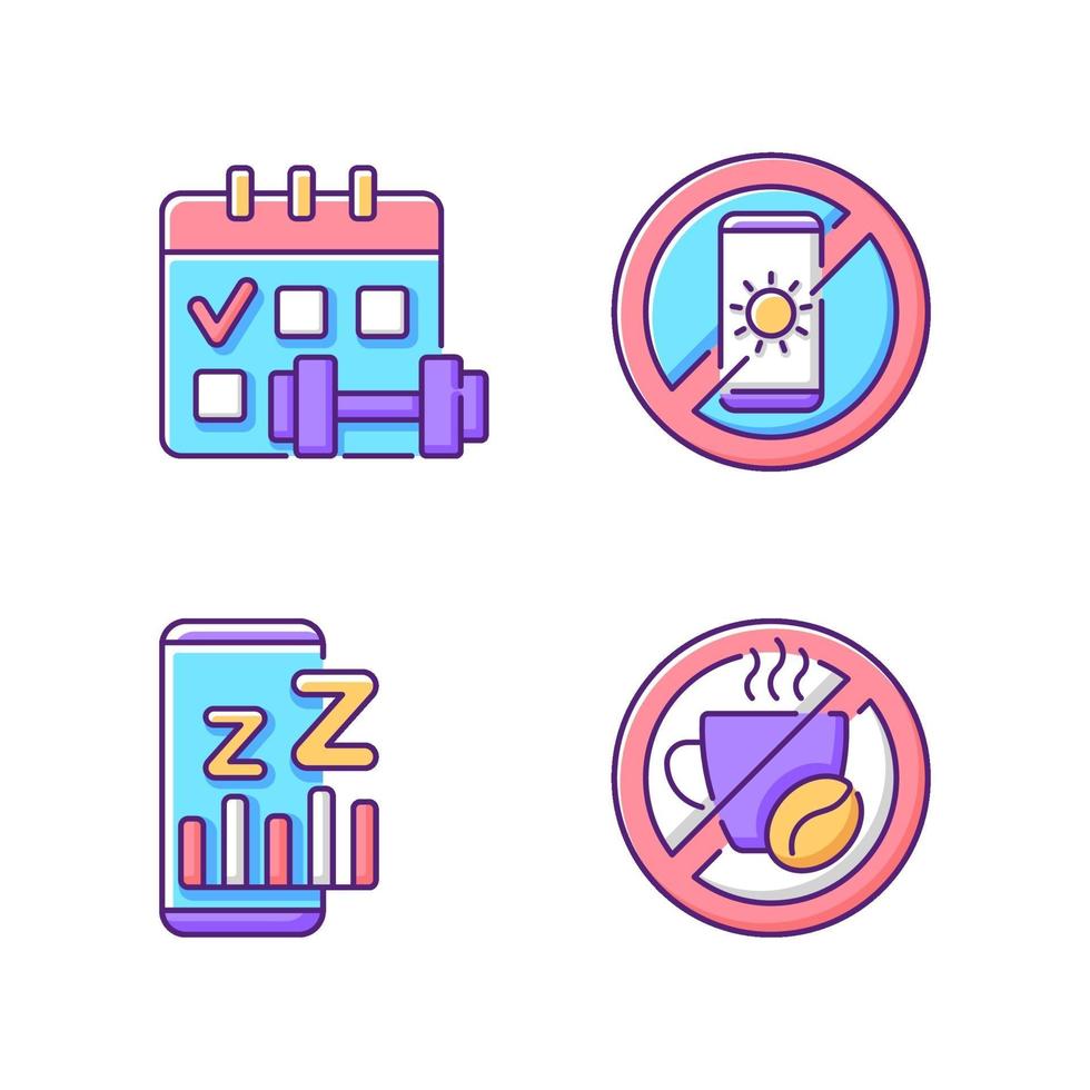 Recomendaciones para prevenir el insomnio conjunto de iconos de colores rgb vector