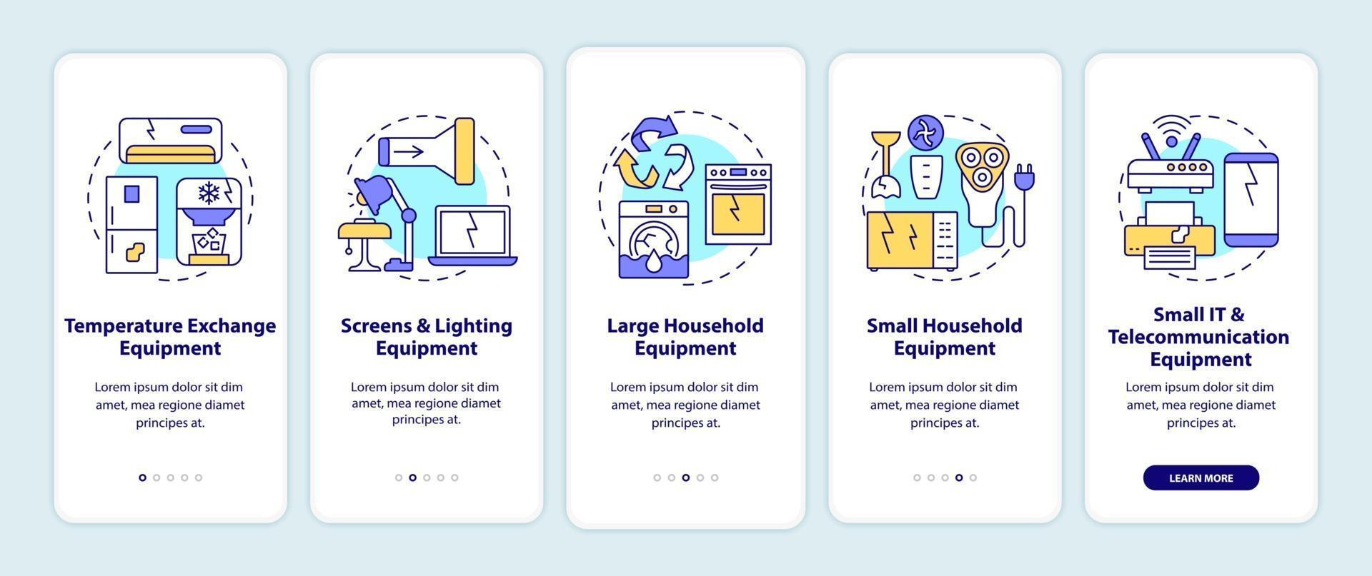 E-waste categories onboarding mobile app page screen with concepts vector