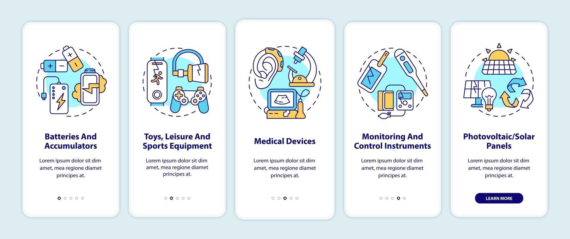 E-waste categories onboarding mobile app page screen with concepts vector