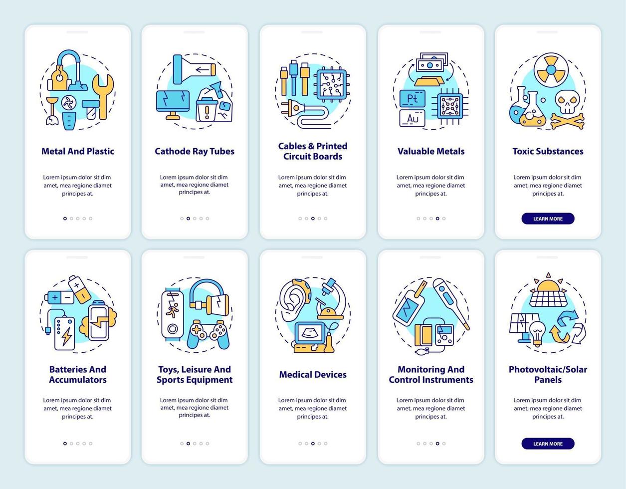 E-waste reprocess onboarding mobile app page screen with concepts set vector