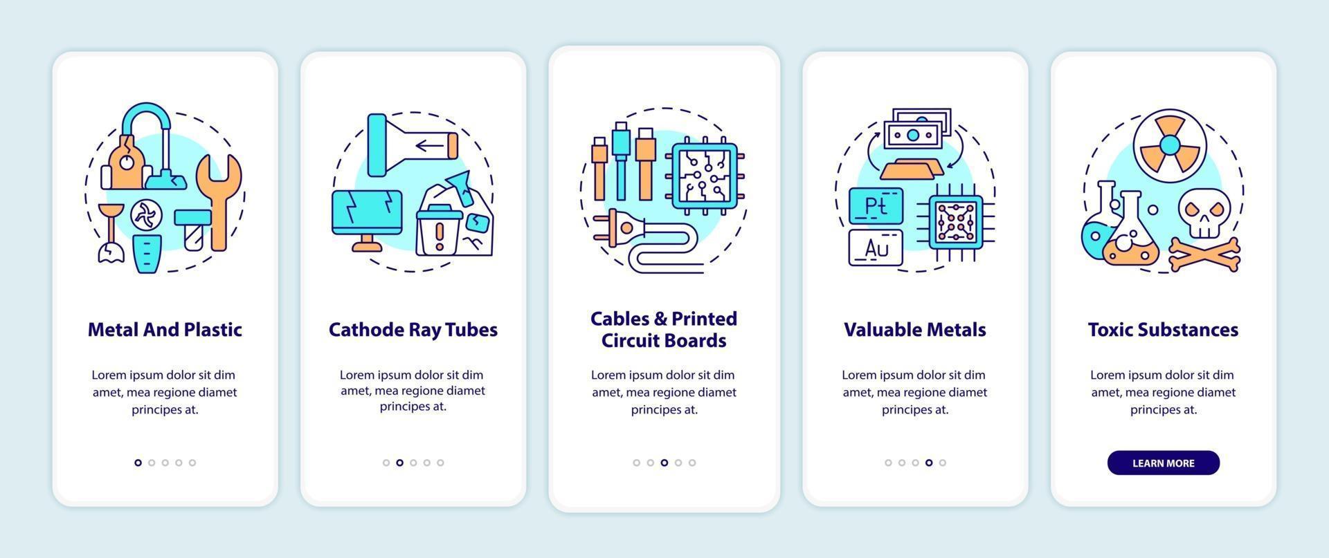 E-waste components onboarding mobile app page screen with concepts vector