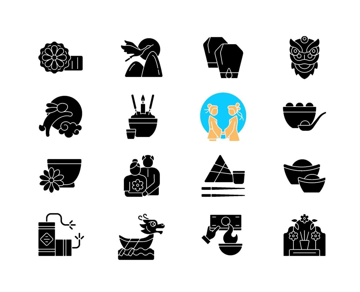 Chinese holidays black glyph icons set on white space vector