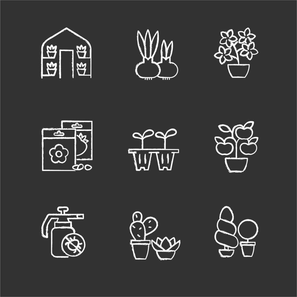 Categorías de tiendas de jardinería iconos de tiza blanca sobre fondo negro vector