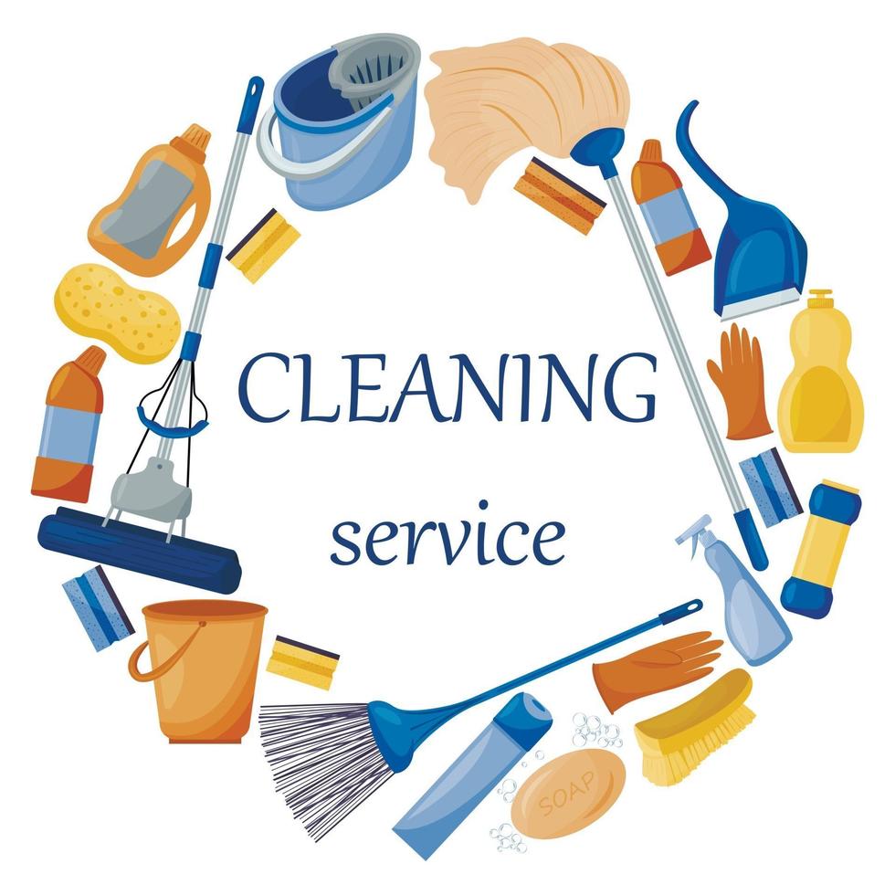 Cleaning service. Composition of a set of tools for cleaning the house. Detergents and disinfectants, a mop, bucket, brush and broom. Vector illustration