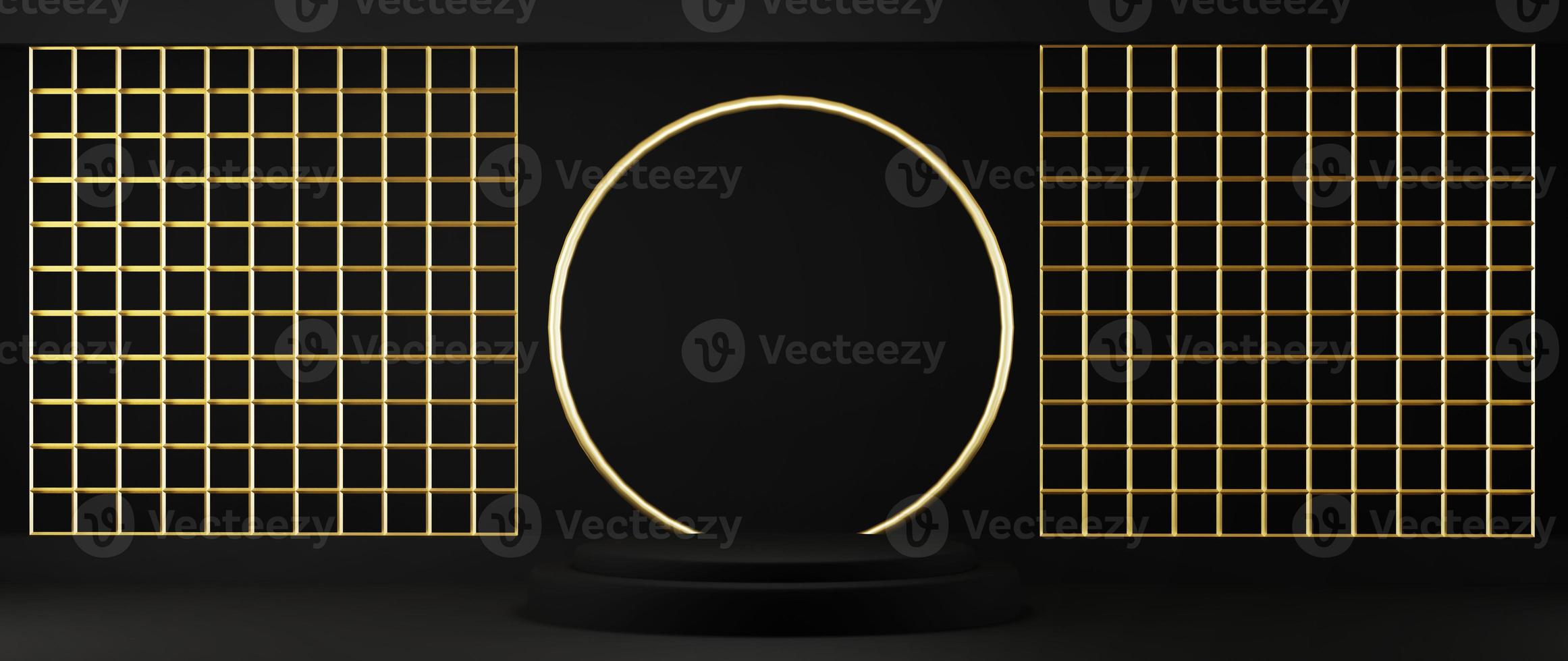 Representación 3D de pedestal aislado sobre fondo negro con marco dorado foto