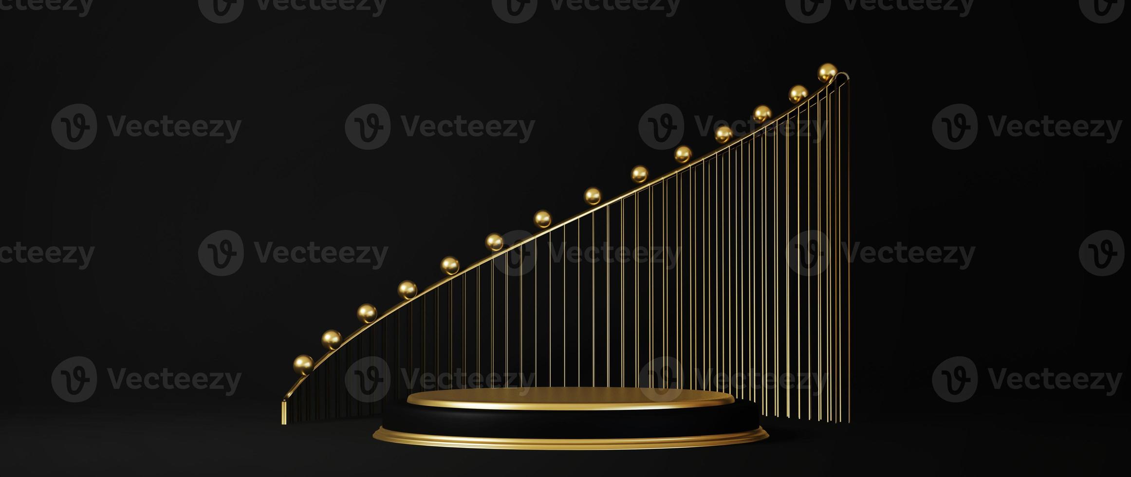 3d rendering of pedestal isolated on black background with gold elements photo