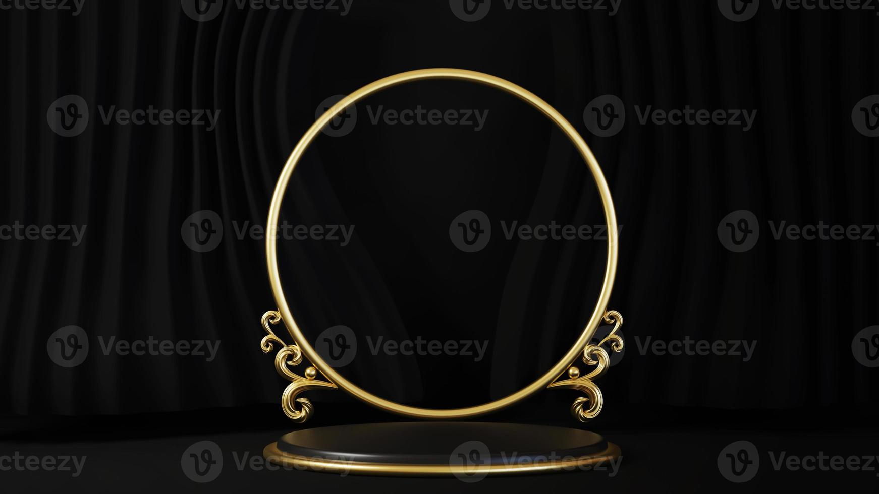 Pedestal isolated on black background with gold frame photo