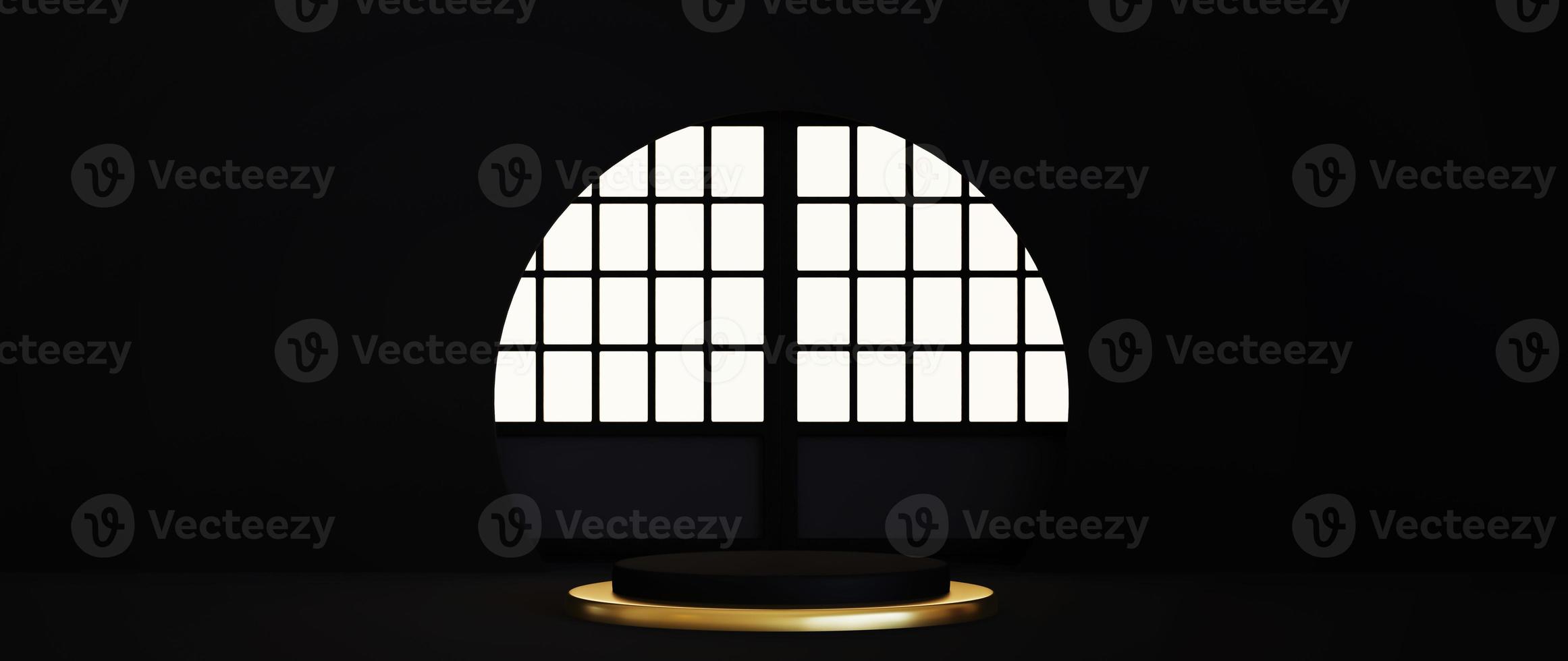 Pedestal isolated on black background with gold frame photo