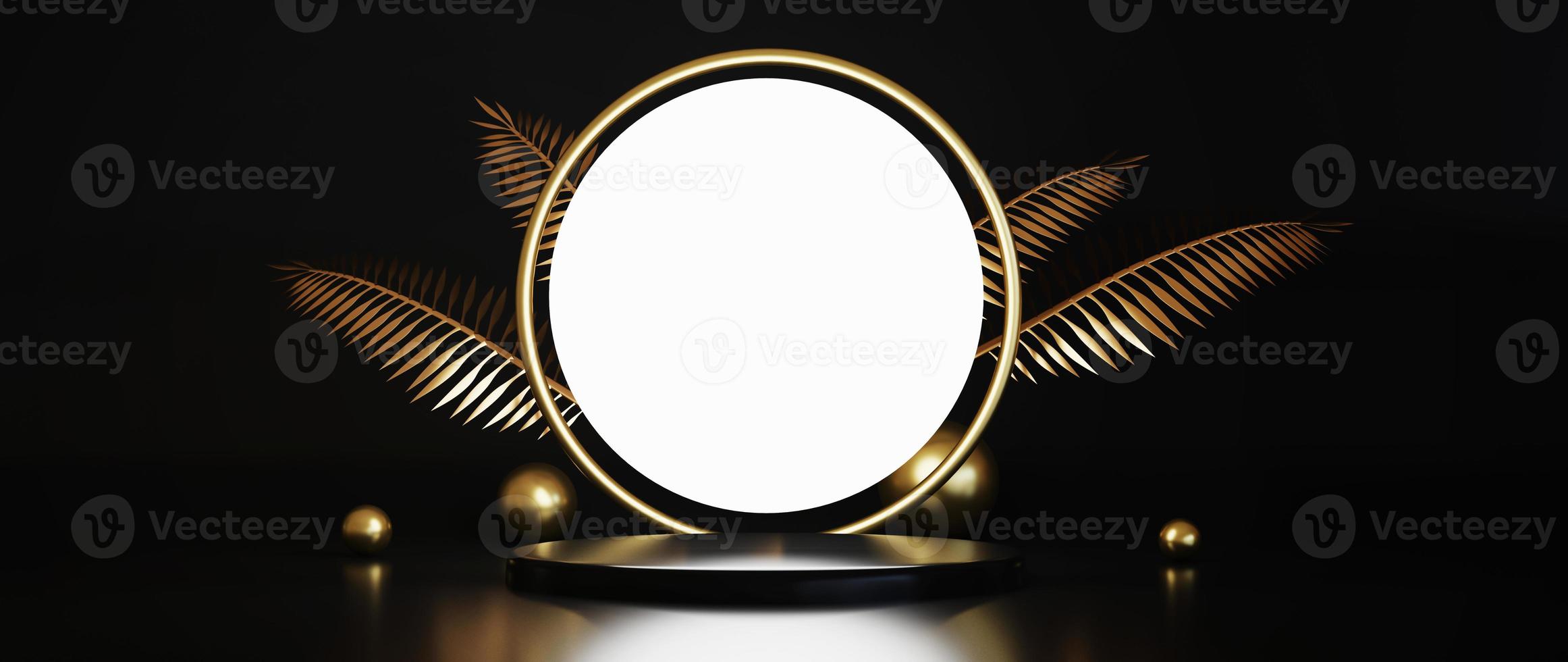 Pedestal isolated on black background with gold frame photo