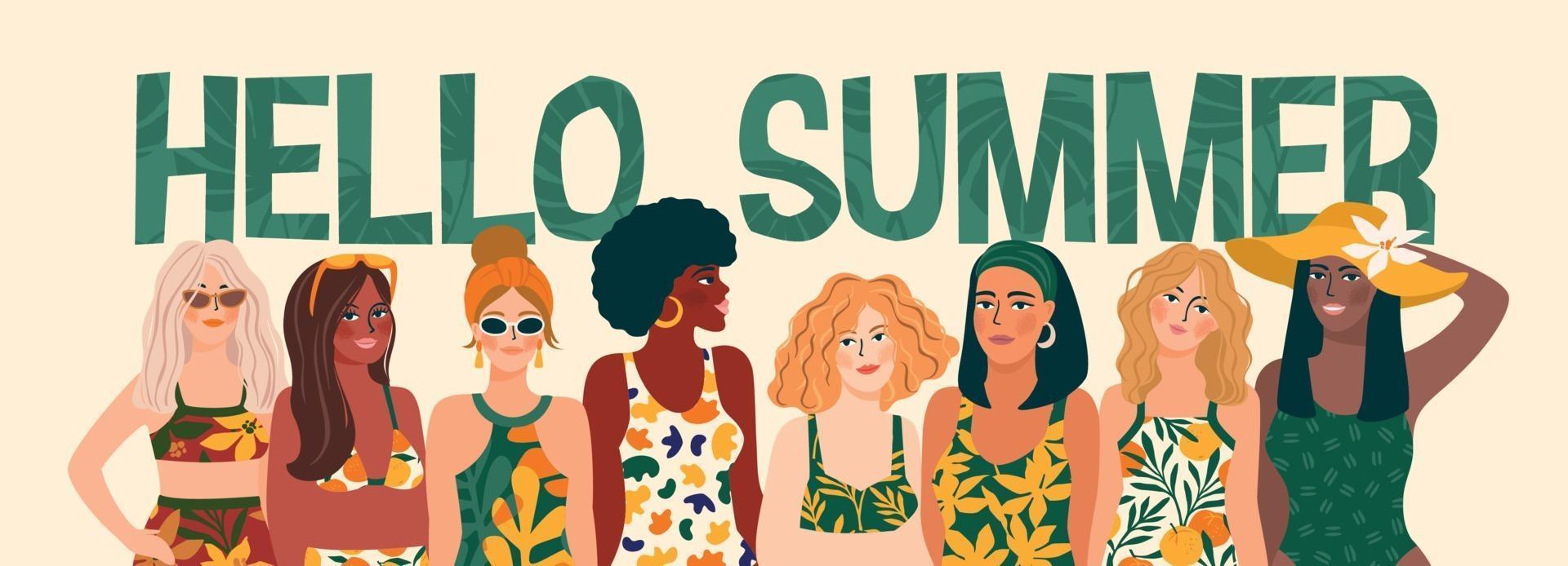 Vector illustration of women in bright swimsuit. Young girls with different skin colors.