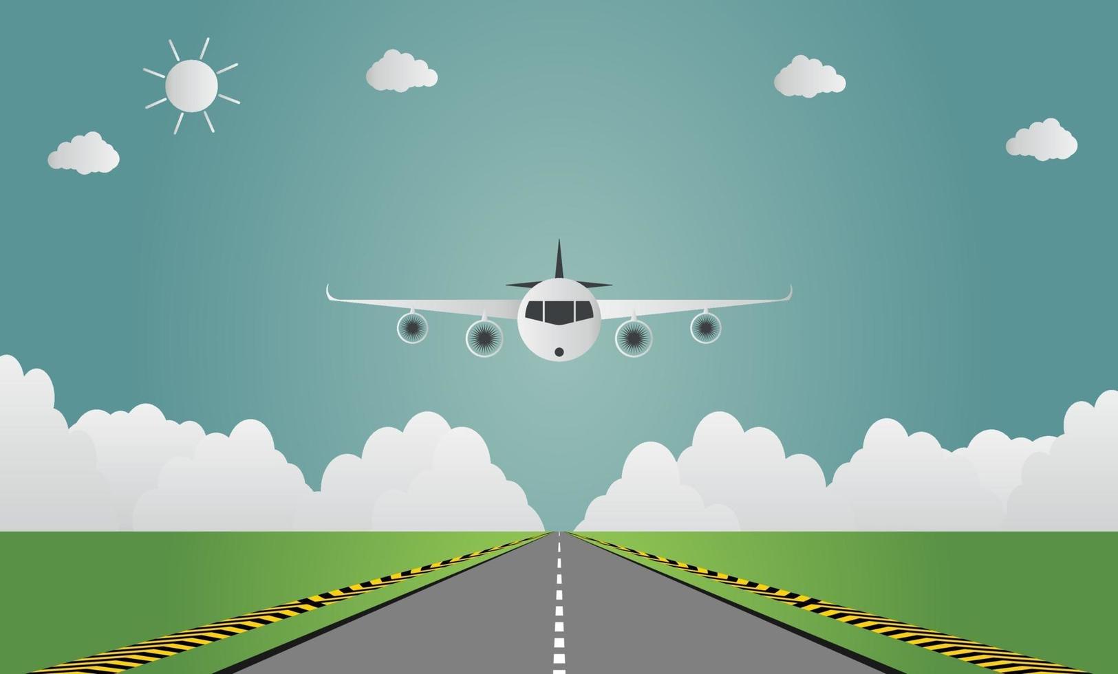 Airplane lands on airport on runway a plane landing or taking off.vector illustration vector