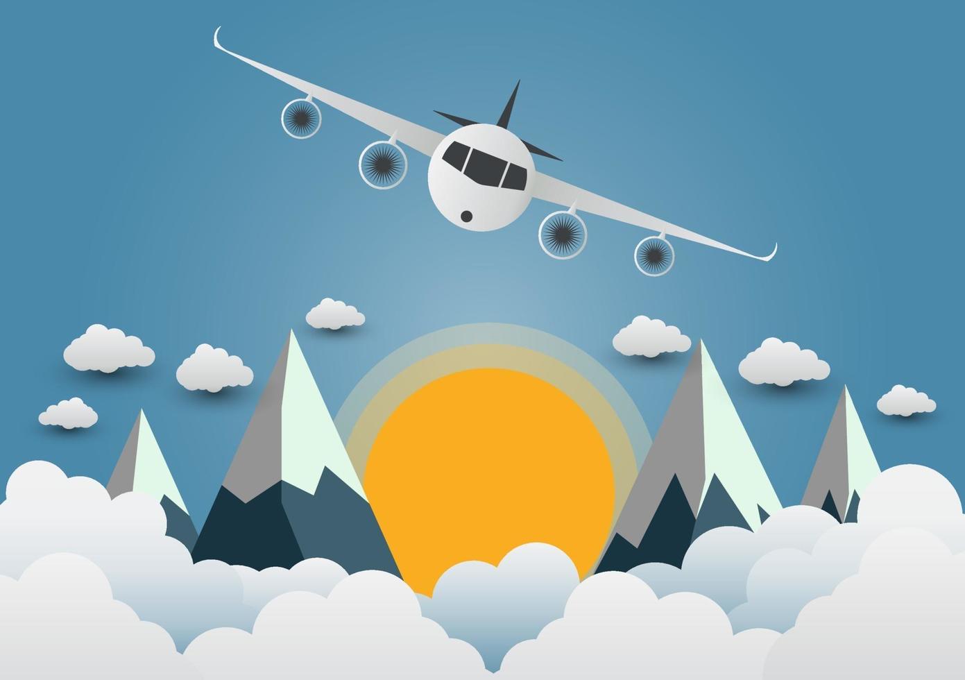 The plane soars over the mountains with beautiful sunsets over the clouds. vector