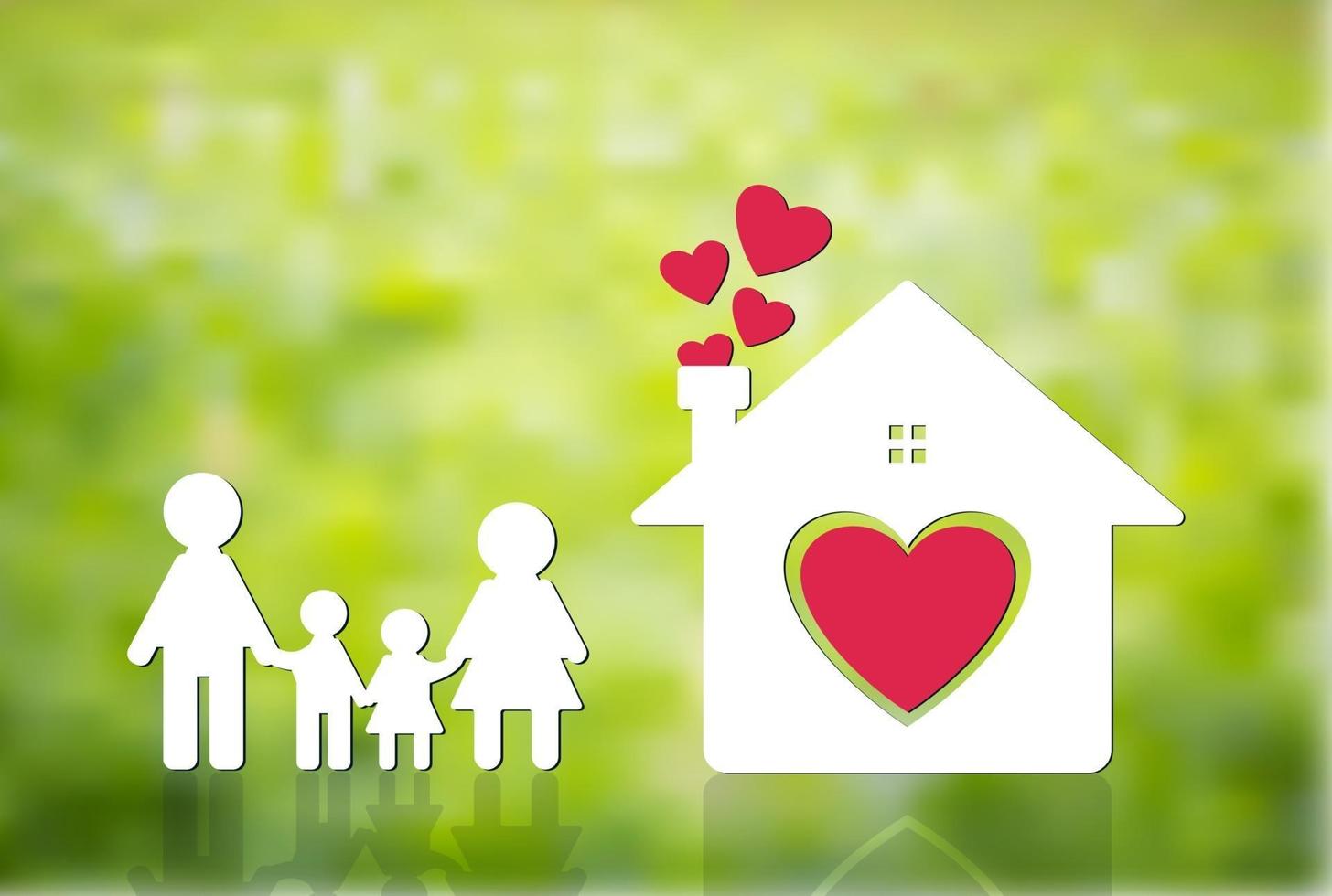 familia feliz en casa, mamá y papá están tomados de la mano con niños y niñas. Corazón de casa en el suelo, fondo verde borroso vector