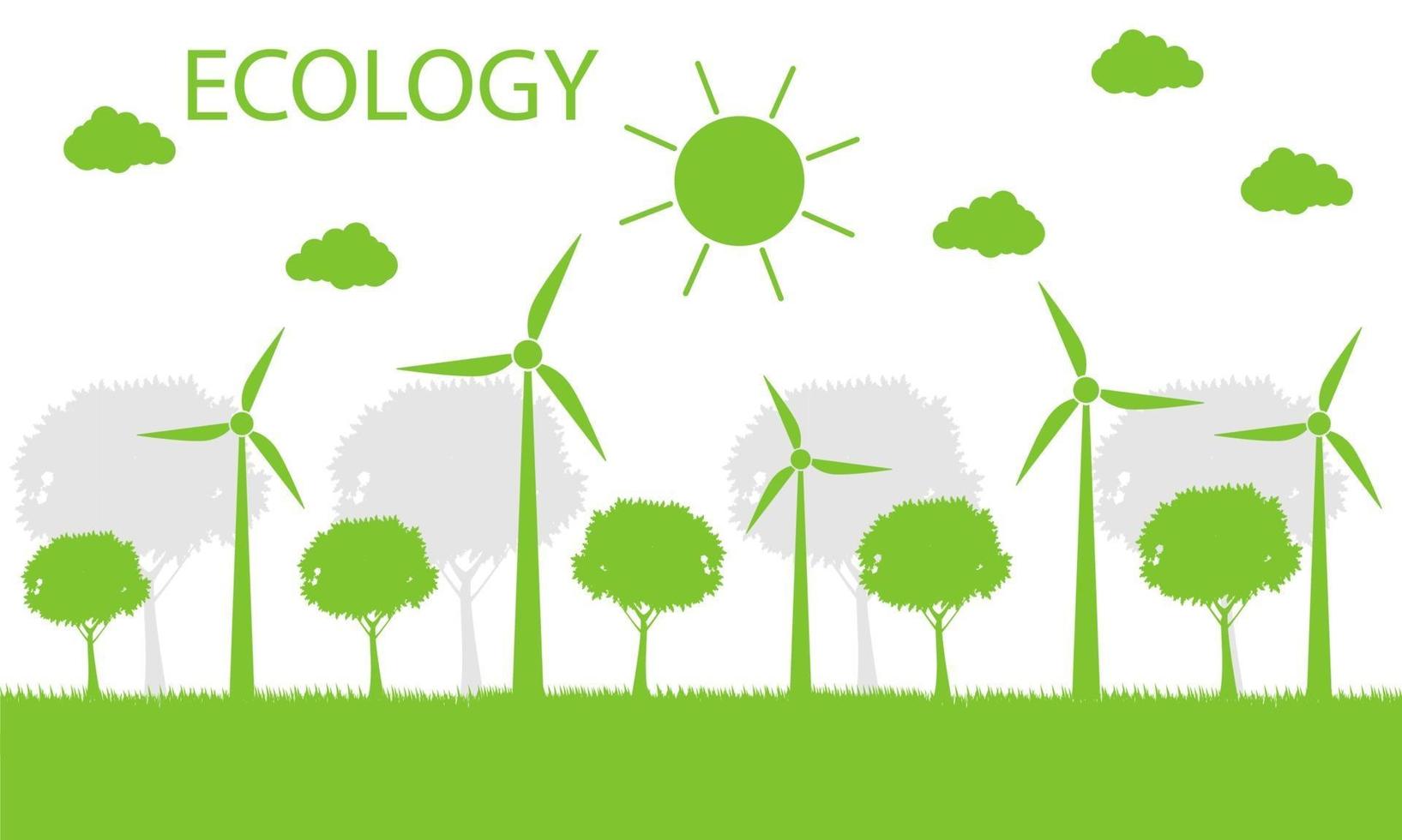 turbinas de viento con árboles y energía limpia del sol con ideas de concepto ecológico ilustración vectorial. vector