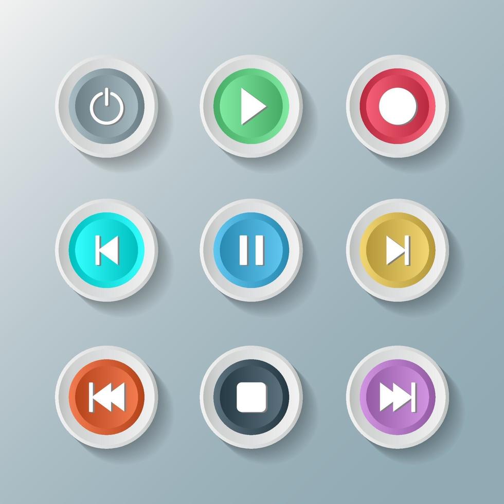 símbolo conjunto de iconos de control del reproductor multimedia botones redondos blancos. ilustrador vectorial vector