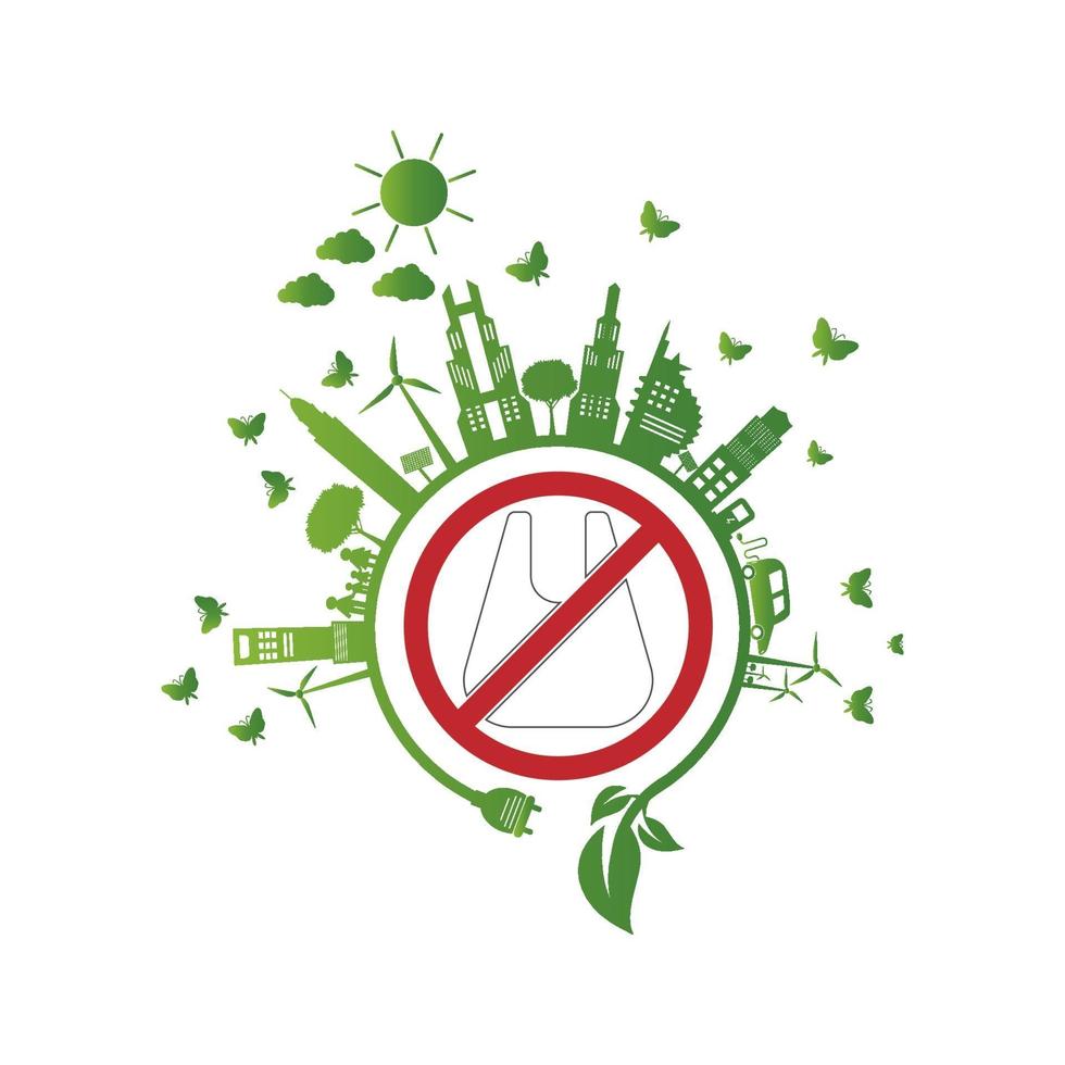 Ecology.Green cities help No plastic bags eco-friendly concept ideas.vector illustration vector