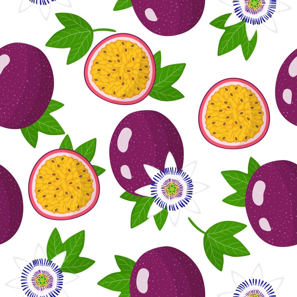 Vector cartoon seamless pattern with Passiflora or Passion fruit exotic fruits, flowers and leafs on white background