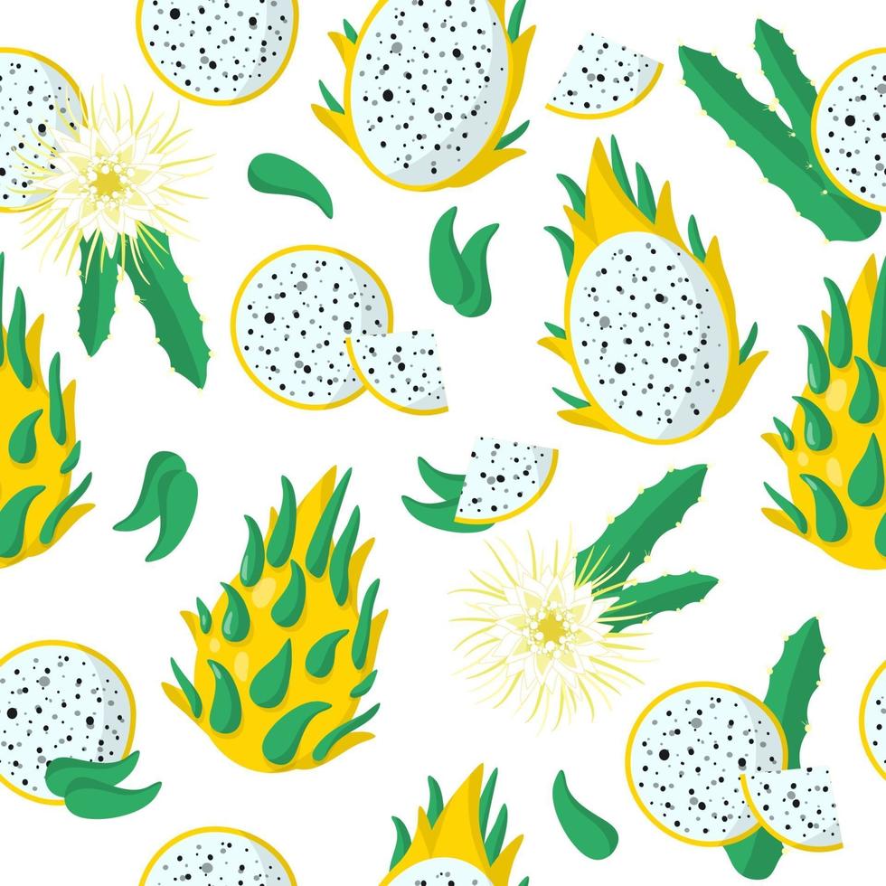 Vector cartoon seamless pattern with Dragonfruit or Yellow Pitaya exotic fruits, flowers and leafs on white background