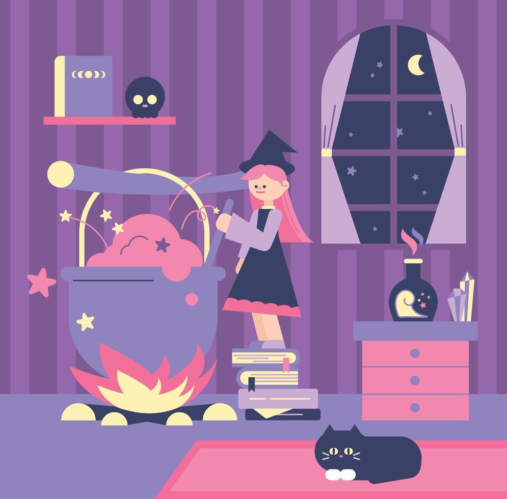 A cute witch is making a potion in a huge pot. flat design style minimal vector illustration.