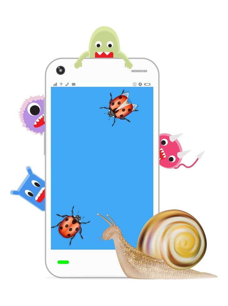 slow smartphone with virus and bug vector