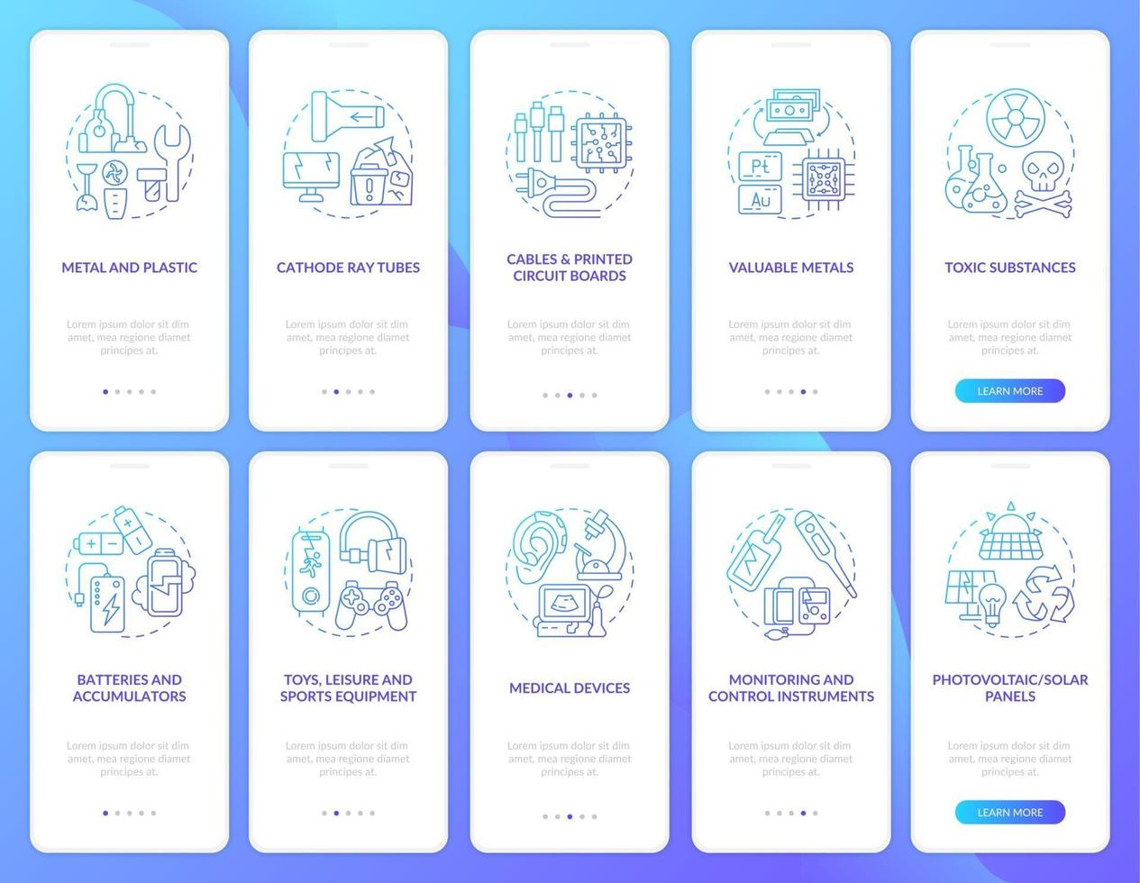 Toxic-waste utilization onboarding mobile app page screen with concepts set vector