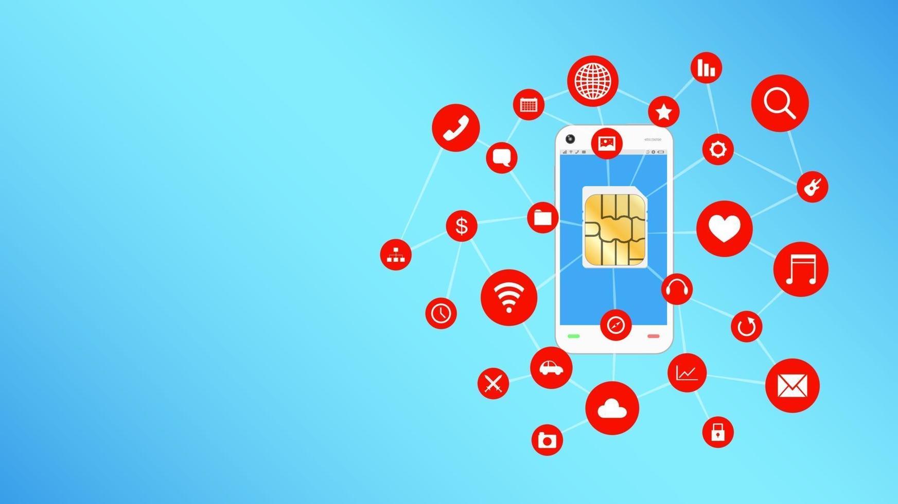 smartphone and sim card with apps icons floating vector