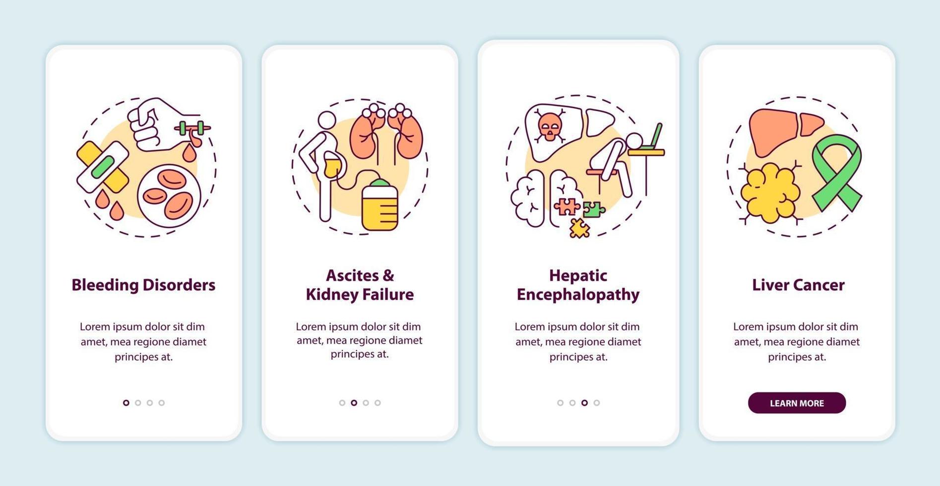 Liver failure outcome onboarding mobile app page screen with concepts vector