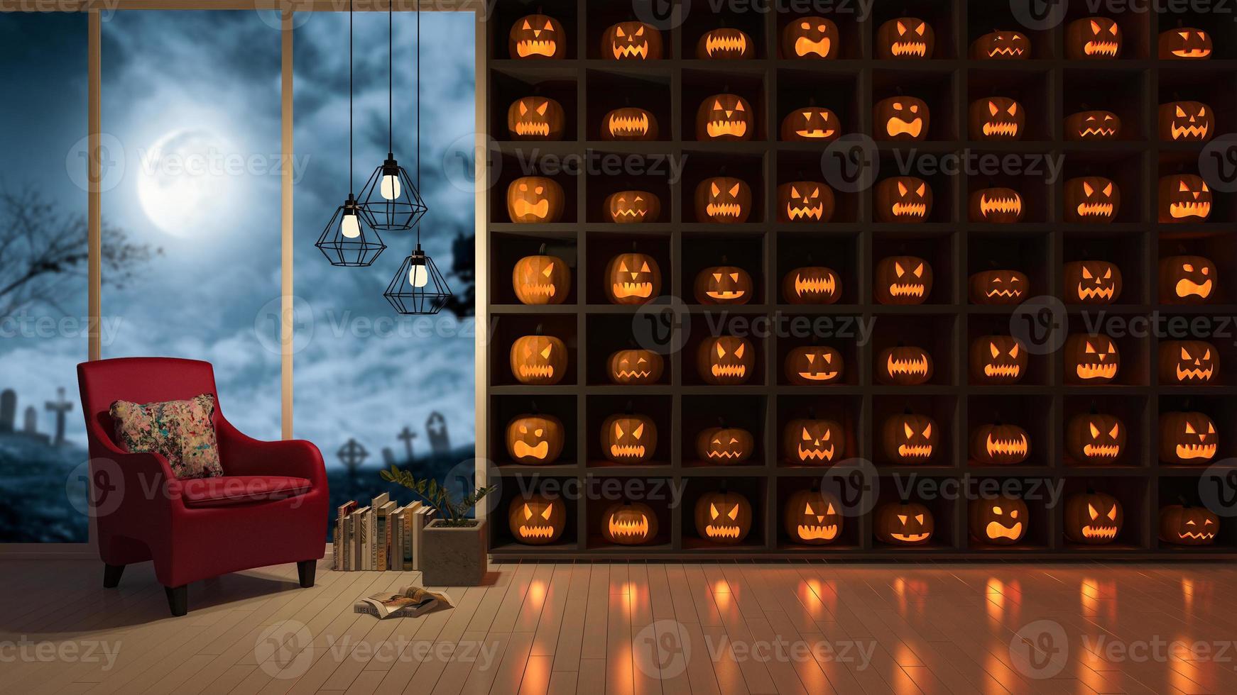 Representación 3D de diseño de interiores con cabeza de calabaza foto