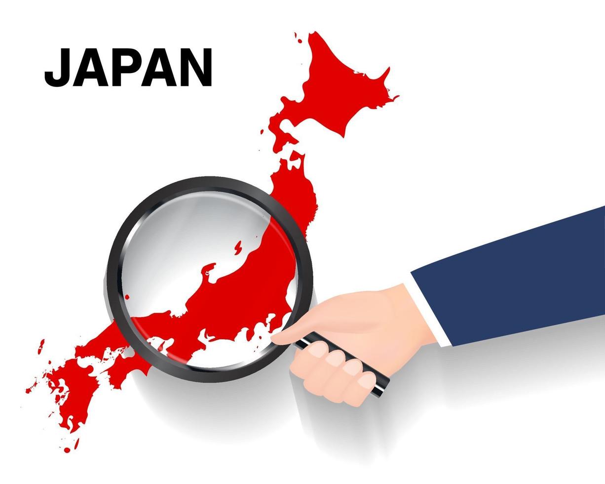 hand use magnifying glass searching on japan map vector