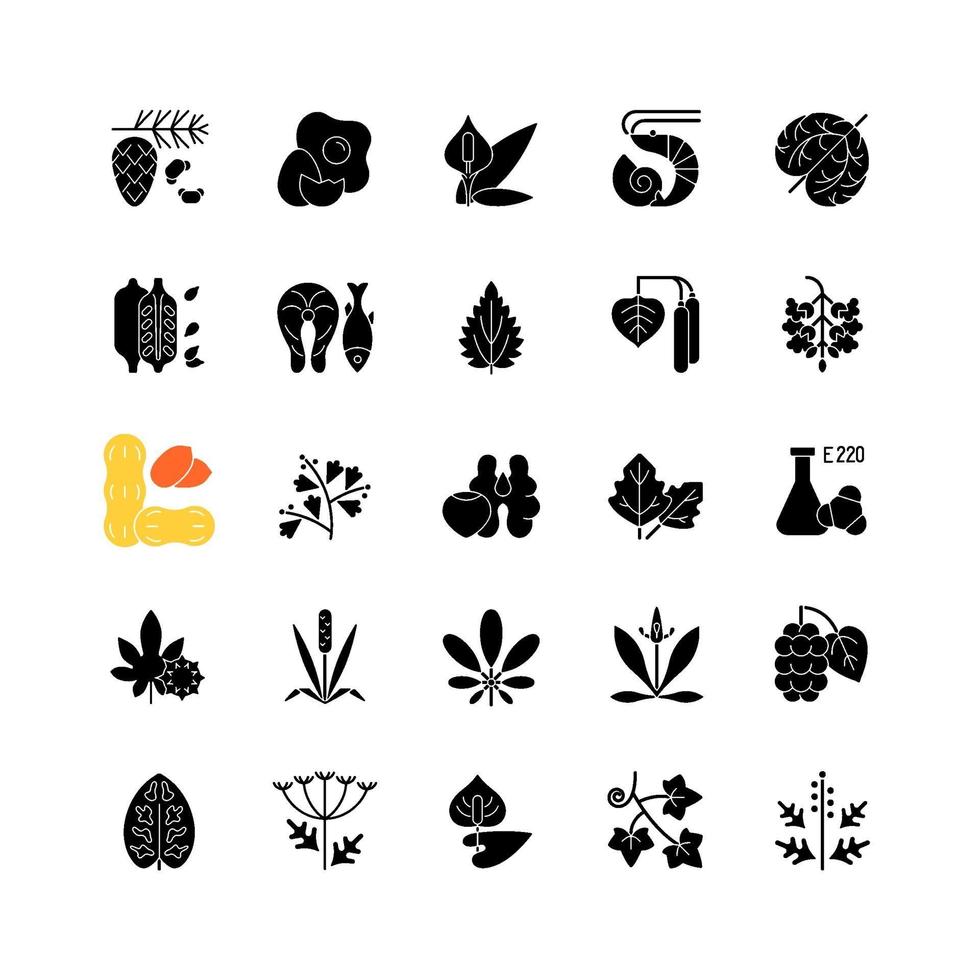 Allergy cause black glyph icons set on white space vector