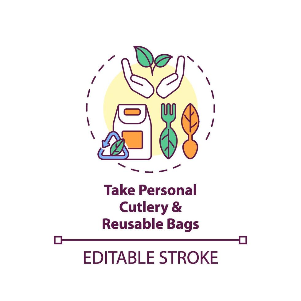 Take personal cutlery and reusable bags concept icon vector