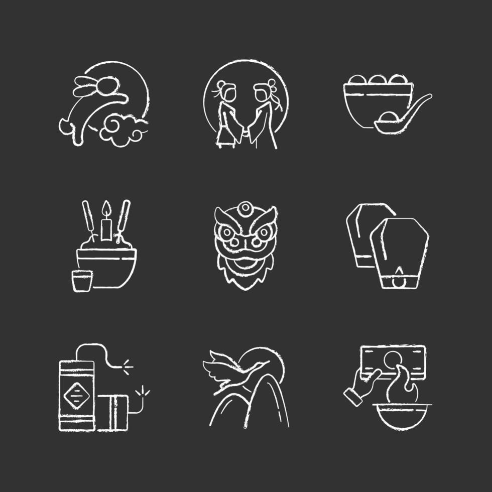 Chinese holidays chalk white icons set on black background vector