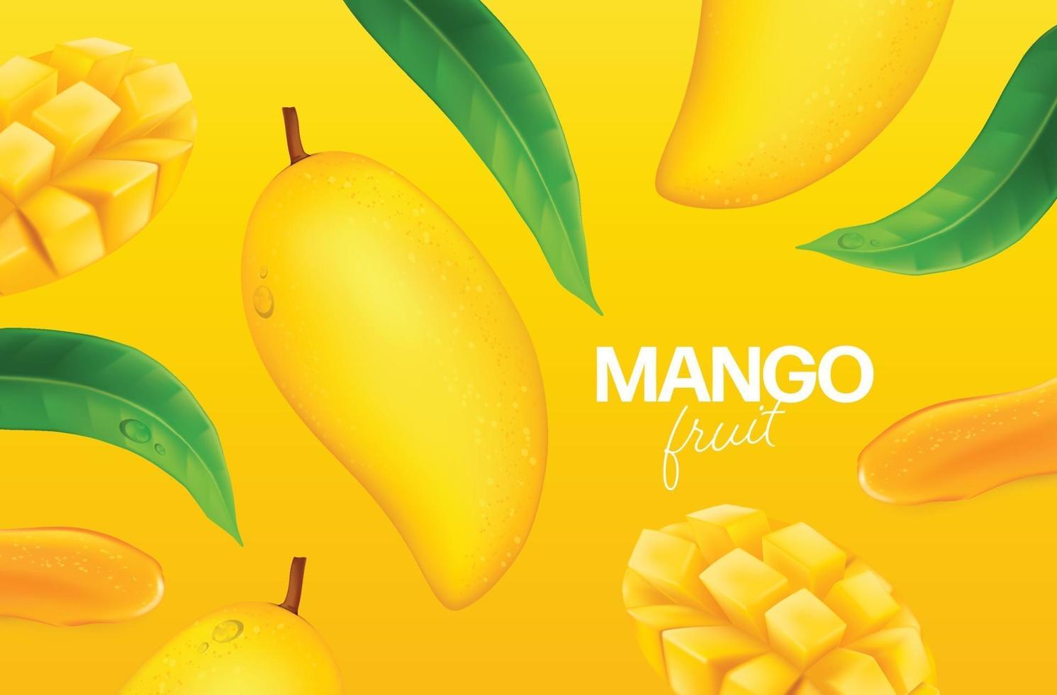 Fresh mango with slices and leaves illustration vector
