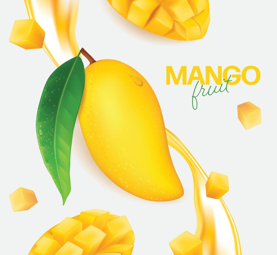 mango fresco con rodajas y hojas ilustración vector