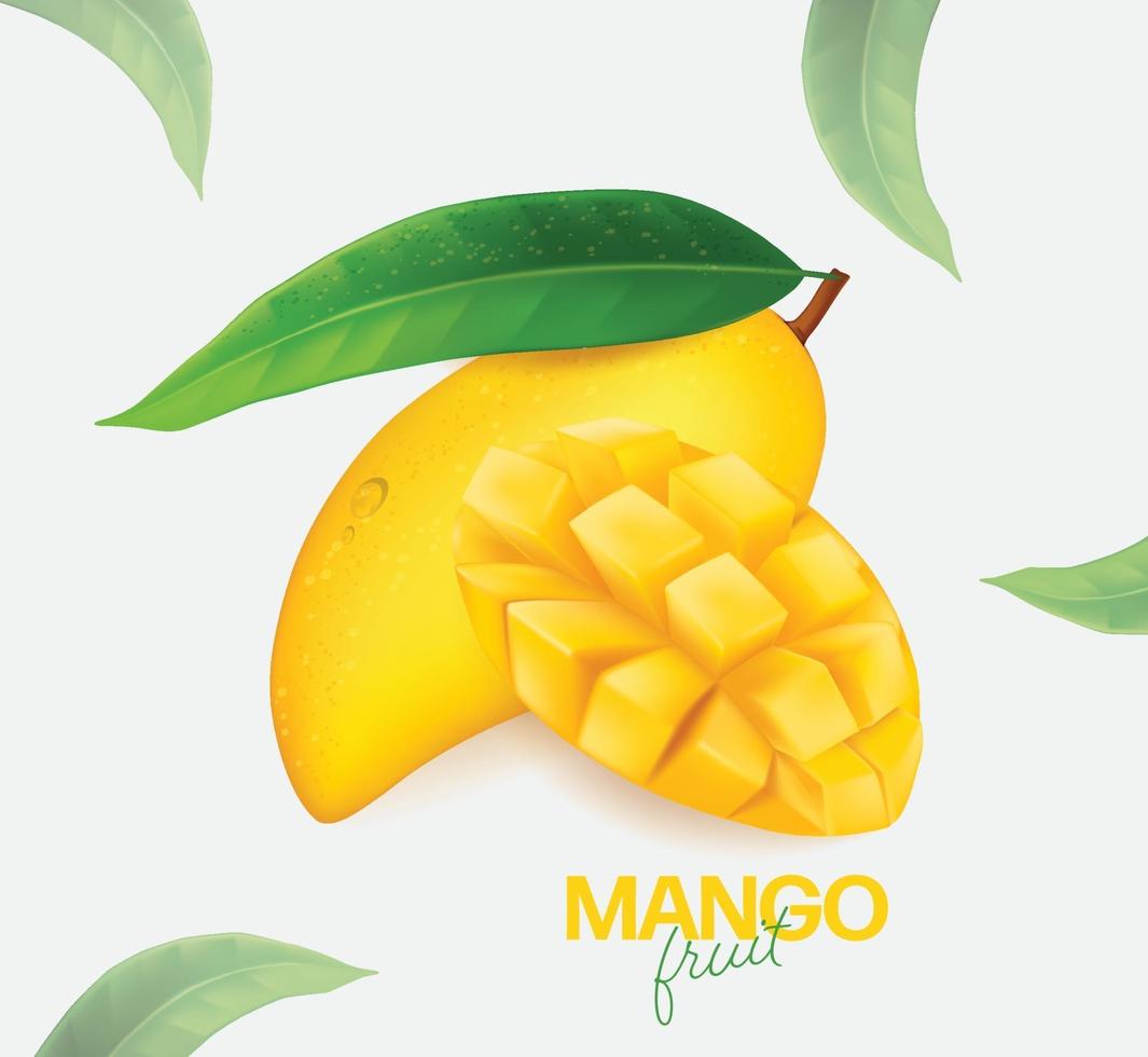 Fresh mango with slices and leaves illustration vector