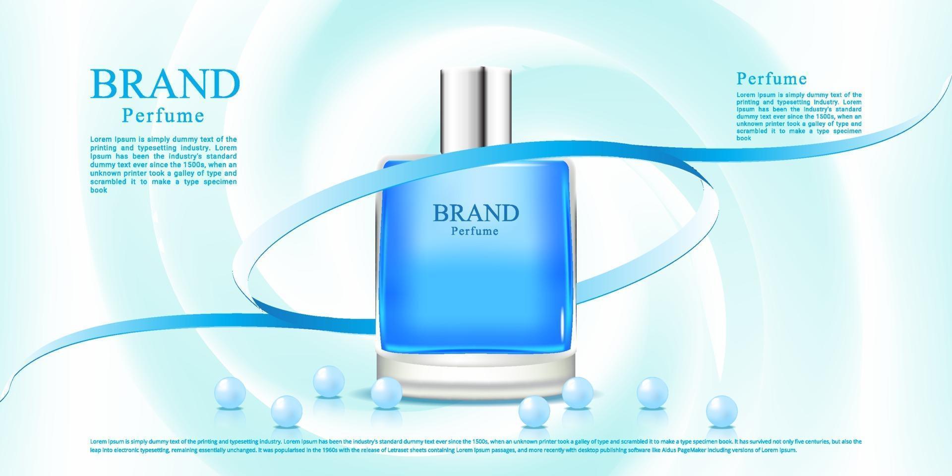 Advertisement of blue perfume with a light fabric background and ribbon vector