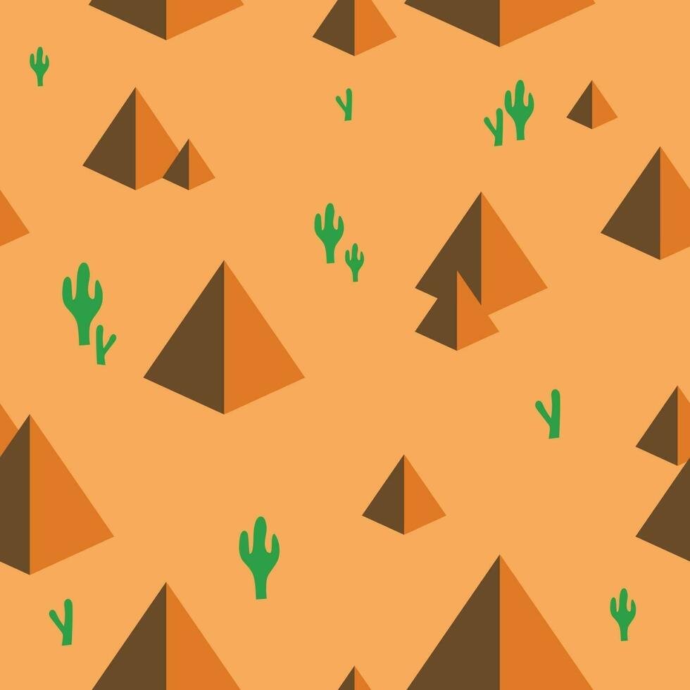 desierto con pirámides y cactus de patrones sin fisuras. lindo patrón de desierto para tela, ropa de bebé, fondo, textil, papel de regalo y otra ilustración decorativa. vector