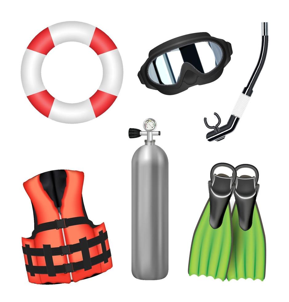 Conjunto de herramientas de buceo sobre un fondo blanco. vector